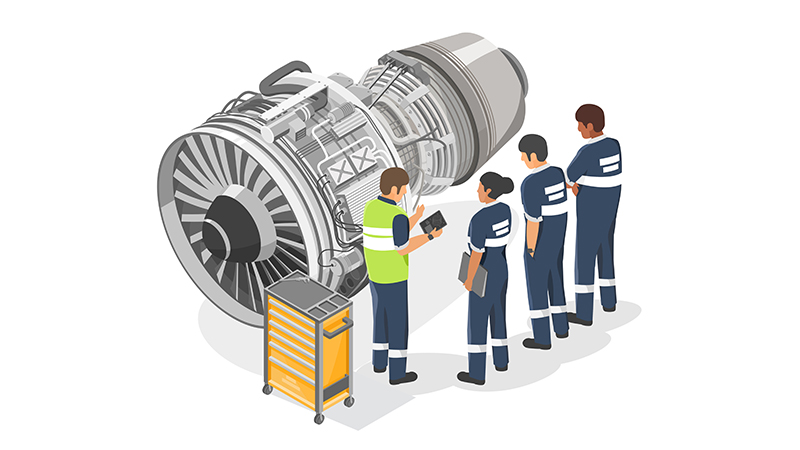 Graphic of Engineering Apprentices looking at an aircraft engine