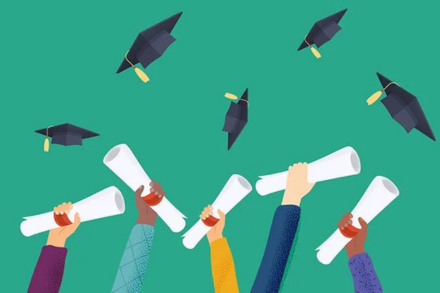 Cartoon image of graduation hats being thrown into the air against a green background