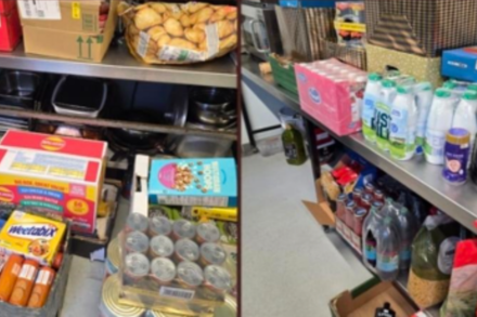 Shelves of donated food, drinks and essential items prepared for Sewa Day Bristol’s Christmas Appeal